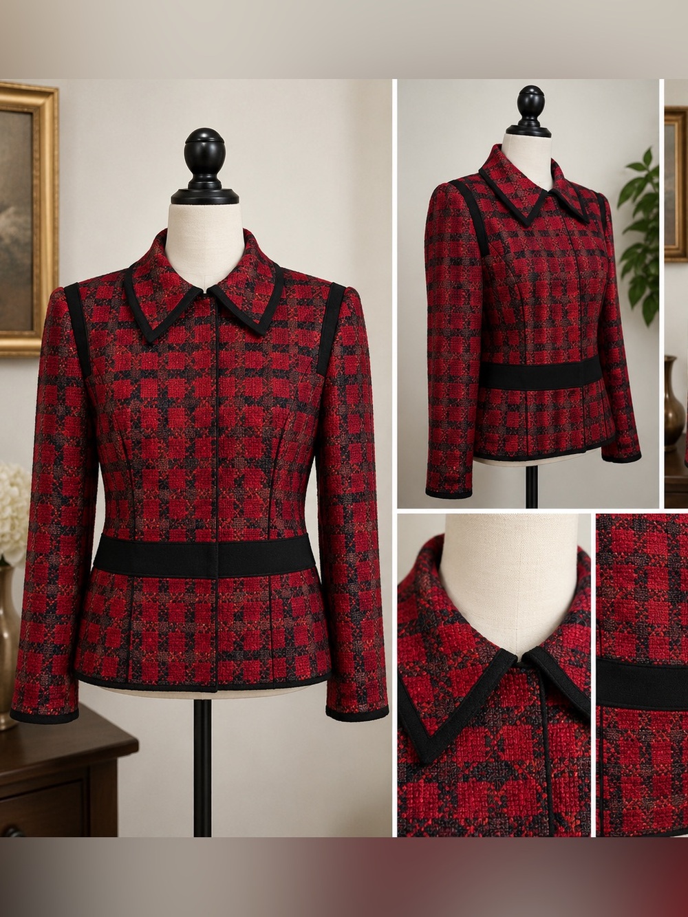 Carlisle Red Black Tweed Plaid Blazer‎ Jacket Career Women's Size 16